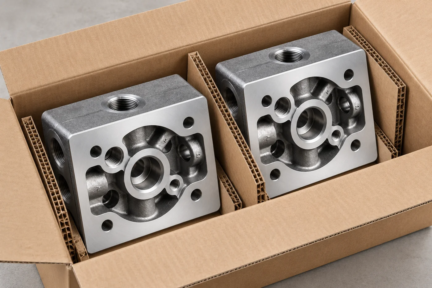 Two grey cast blocks separated by plain protective packing inserts