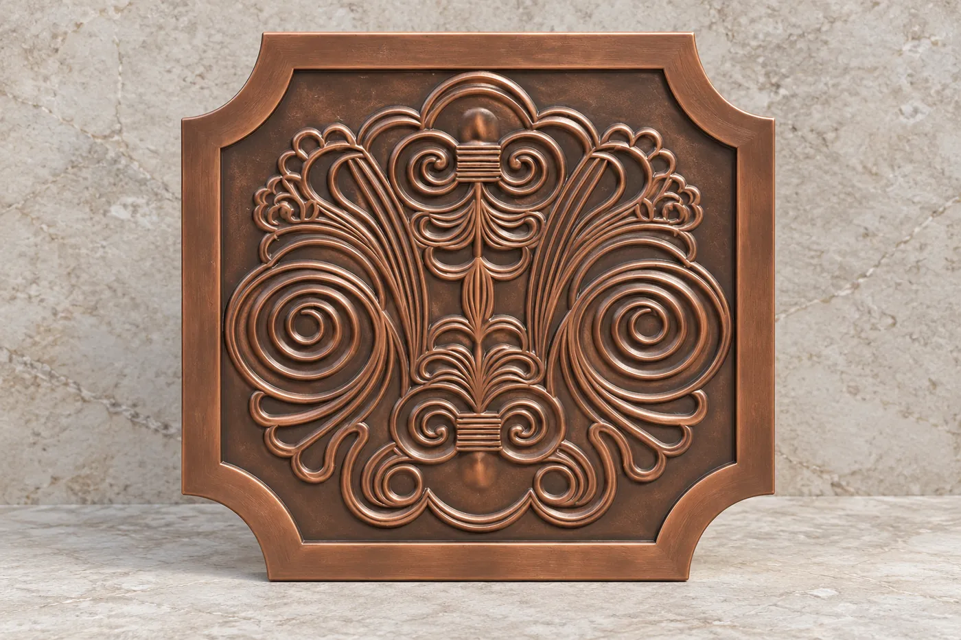 Ornate bronze architectural relief plaque against a neutral stone background