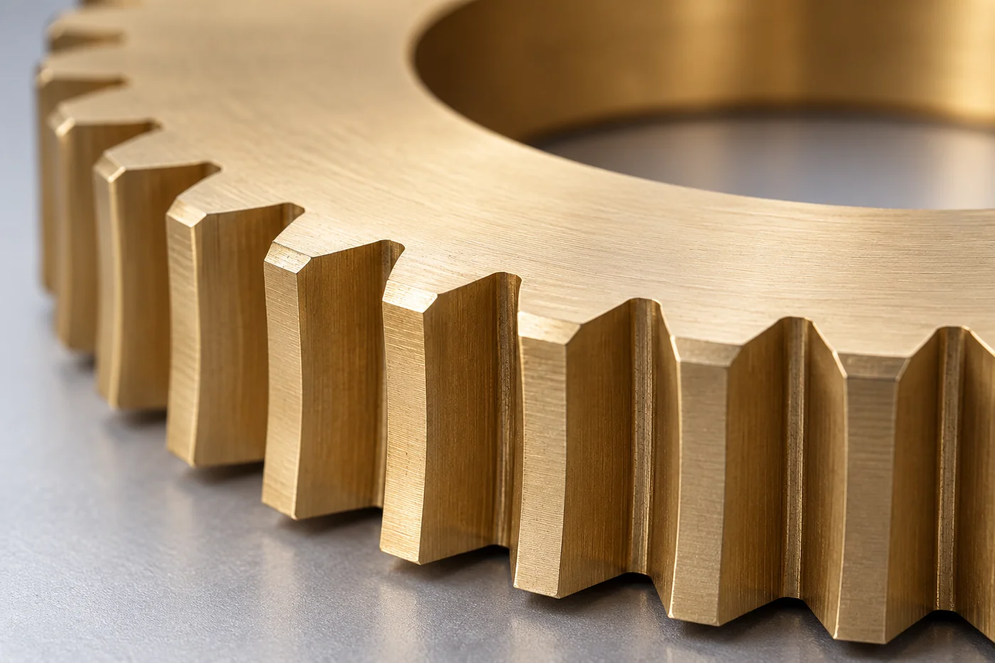 Close detail of copper-alloy gear teeth and adjacent annular surface