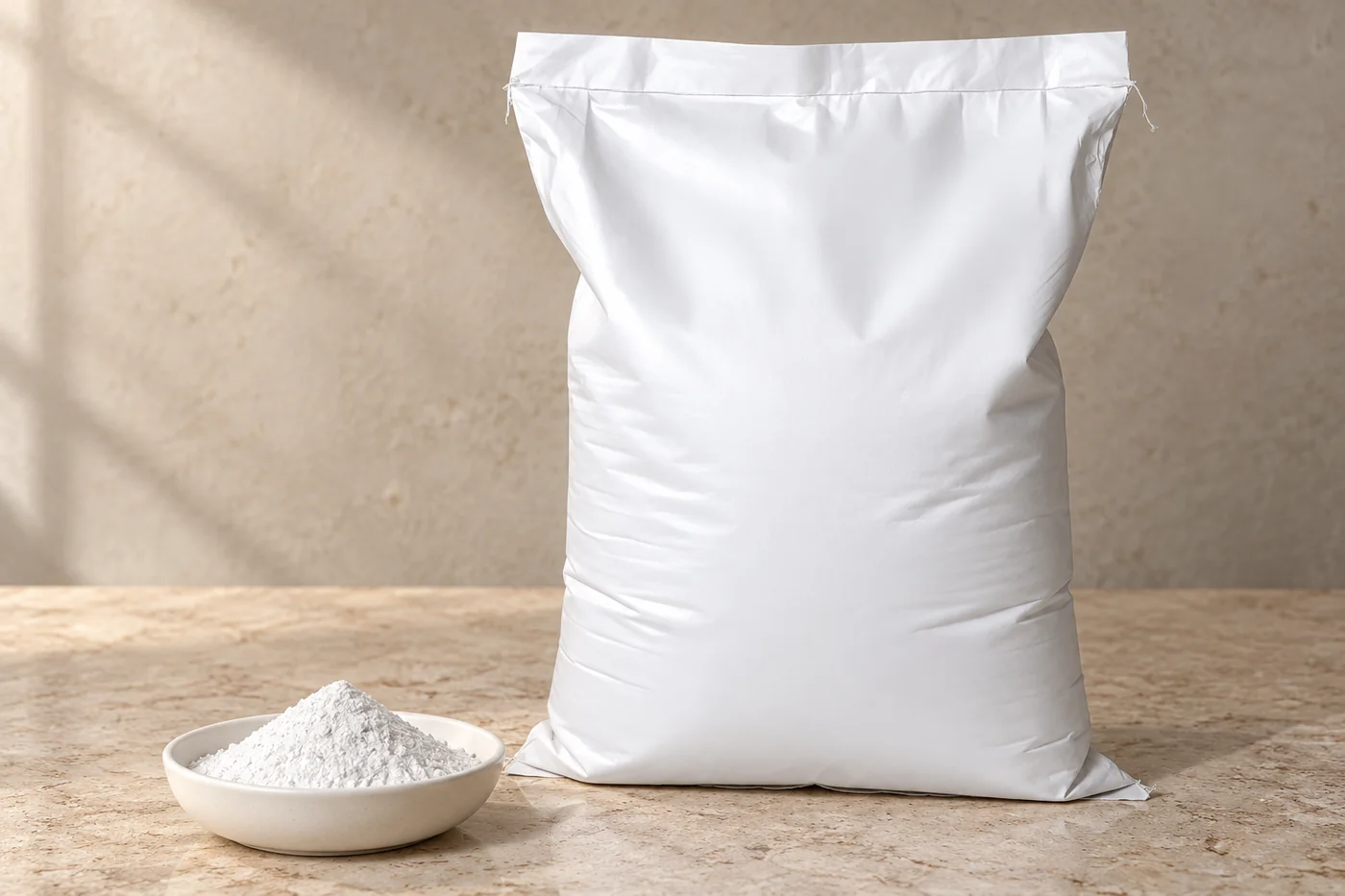 Plain investment-material bag with an unmarked sample dish