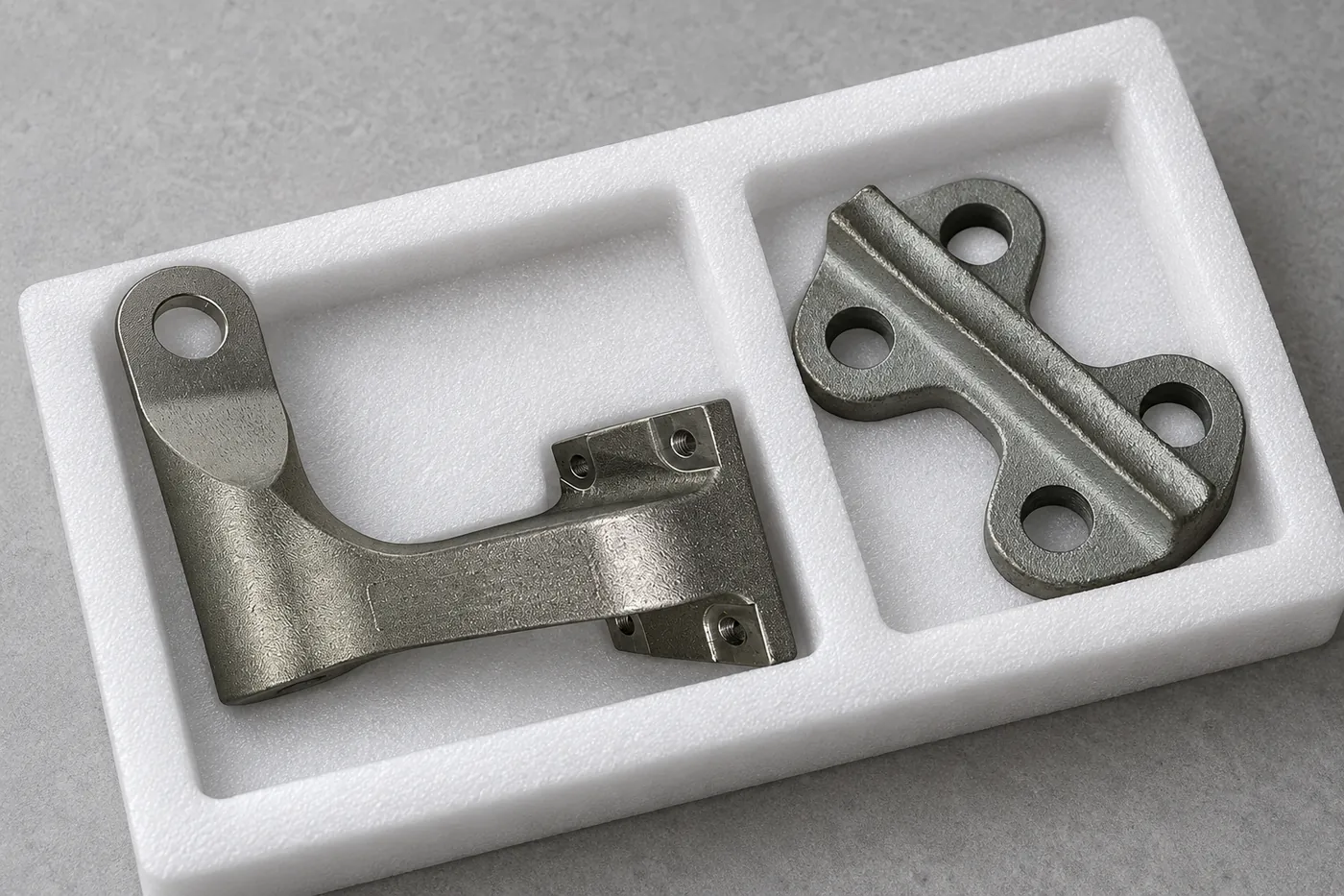 Distinct steel component references separated in a plain protective tray