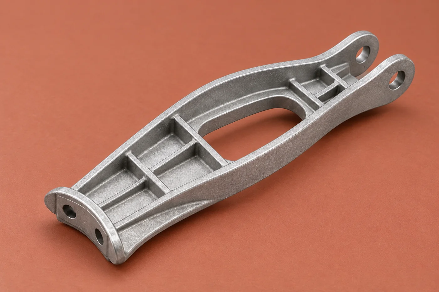 Aluminum component sample showing cast ribs and mounting features