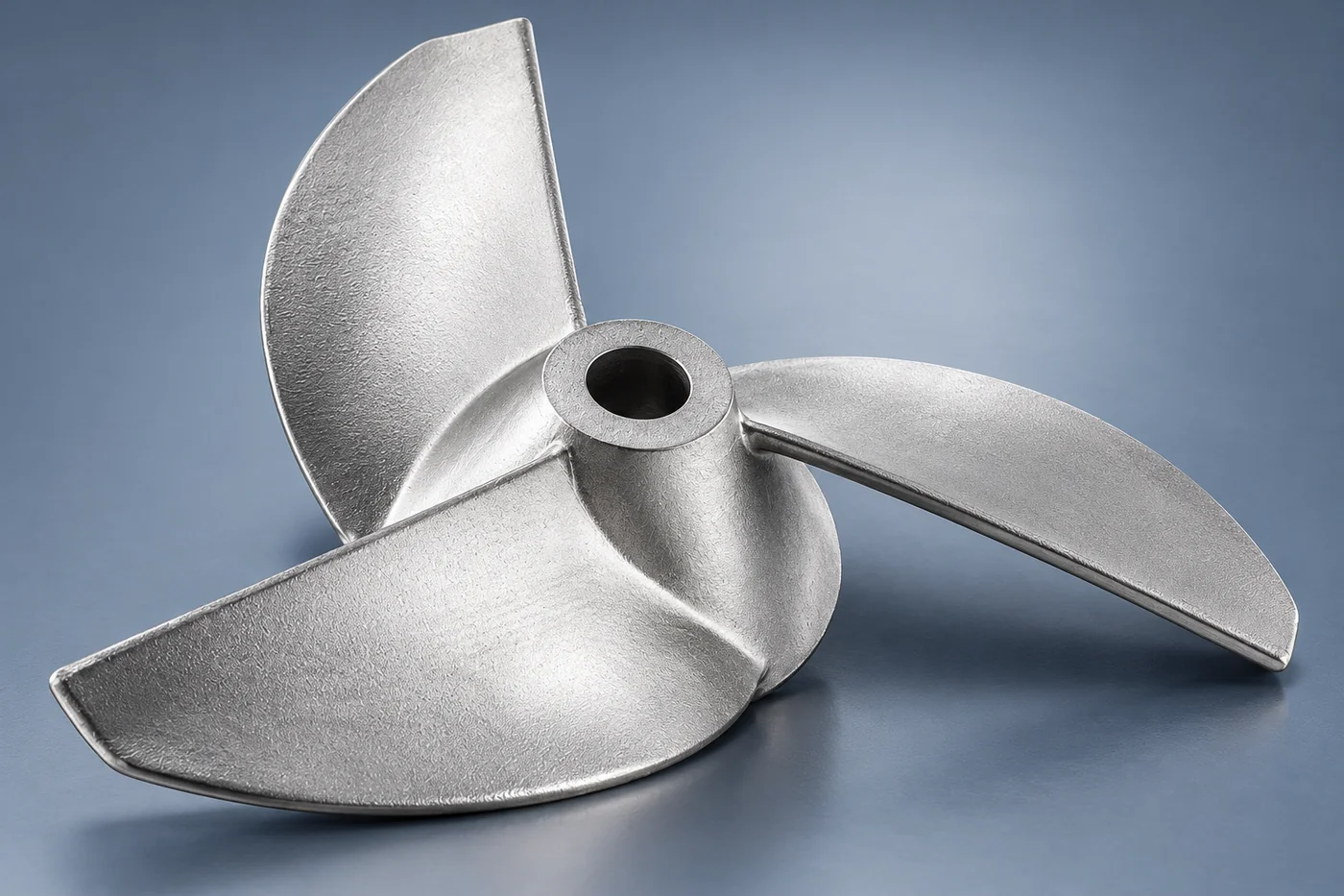 Low side view of a stainless impeller with the hub and blade height visible