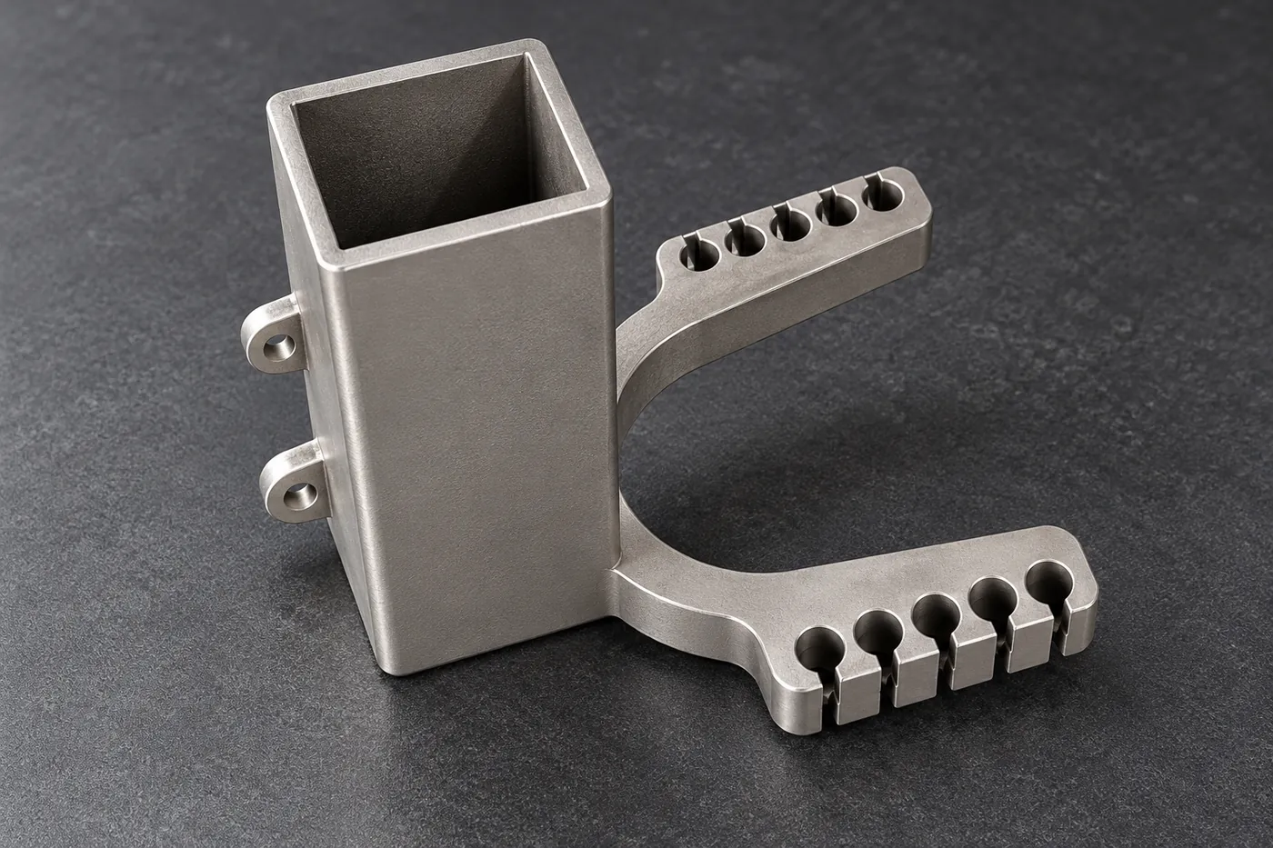 Open stainless bracket with a rectangular body and slotted pronged arms