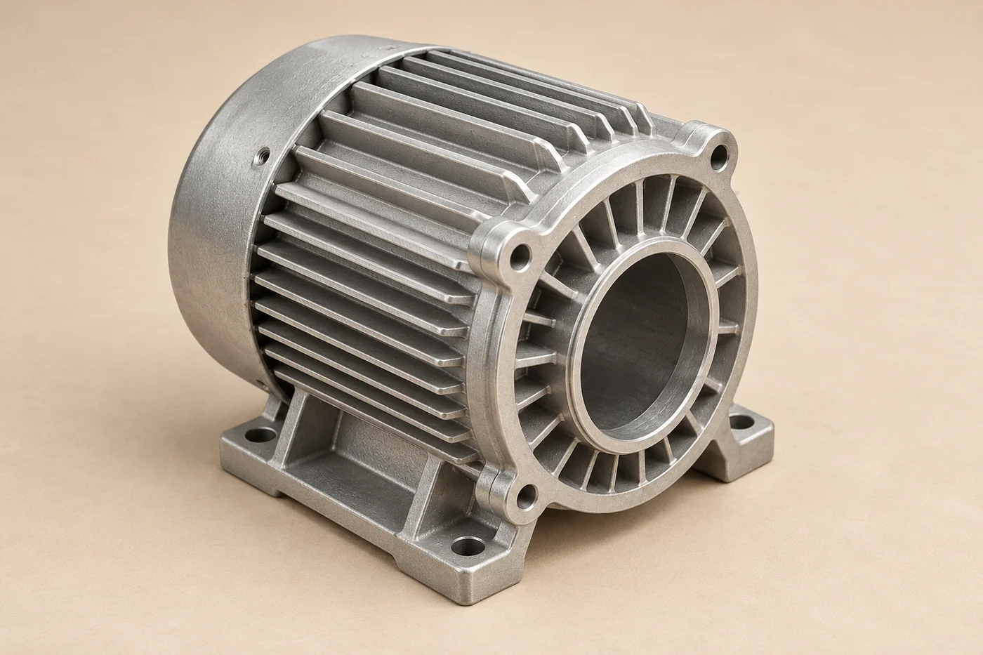 Complete finned cylindrical motor-frame reference on a neutral studio surface