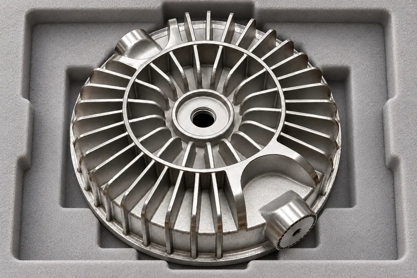Circular finned mounting reference protected in a plain padded tray