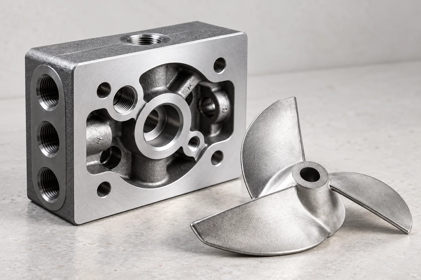 Grey machined casting block and stainless impeller arranged as repeat-order references