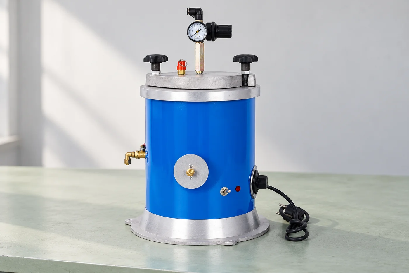 Complete blue cylindrical wax-injector reference with lid, gauge and valve