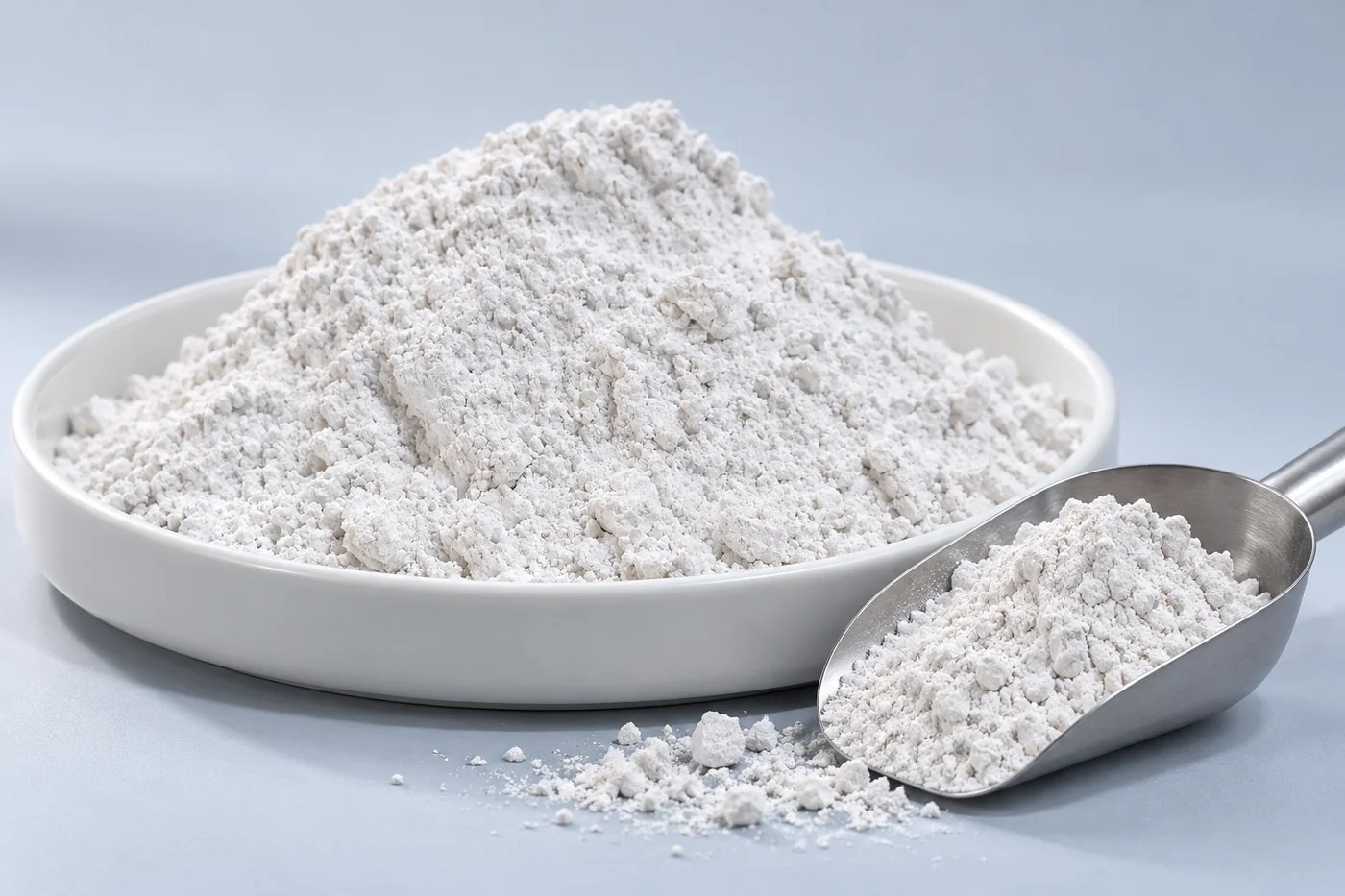 White casting-investment powder in a plain sample tray