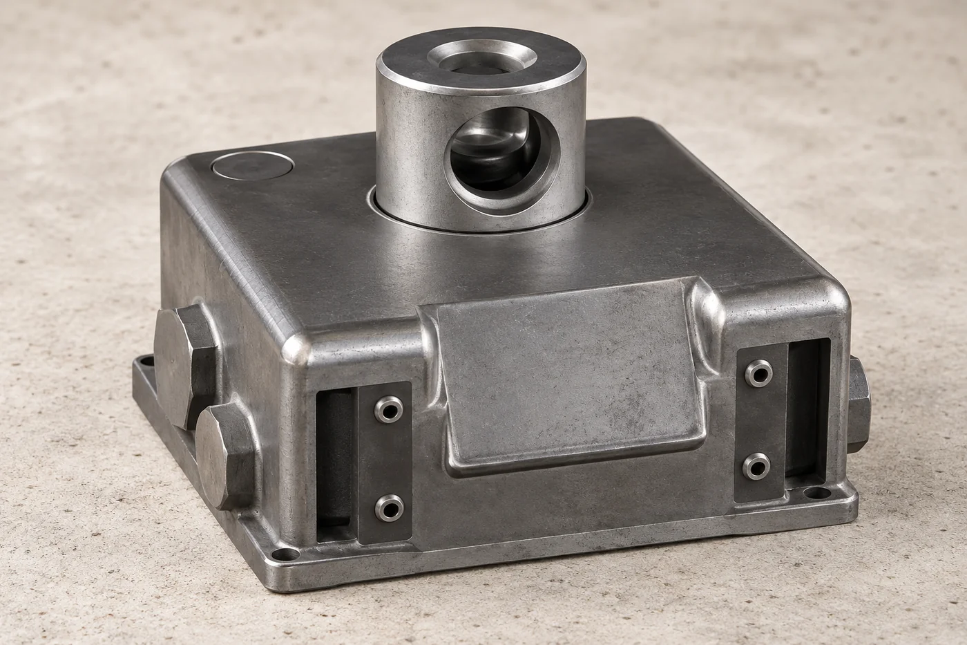 Side view of a dark cast hydraulic body with visible bosses and base features