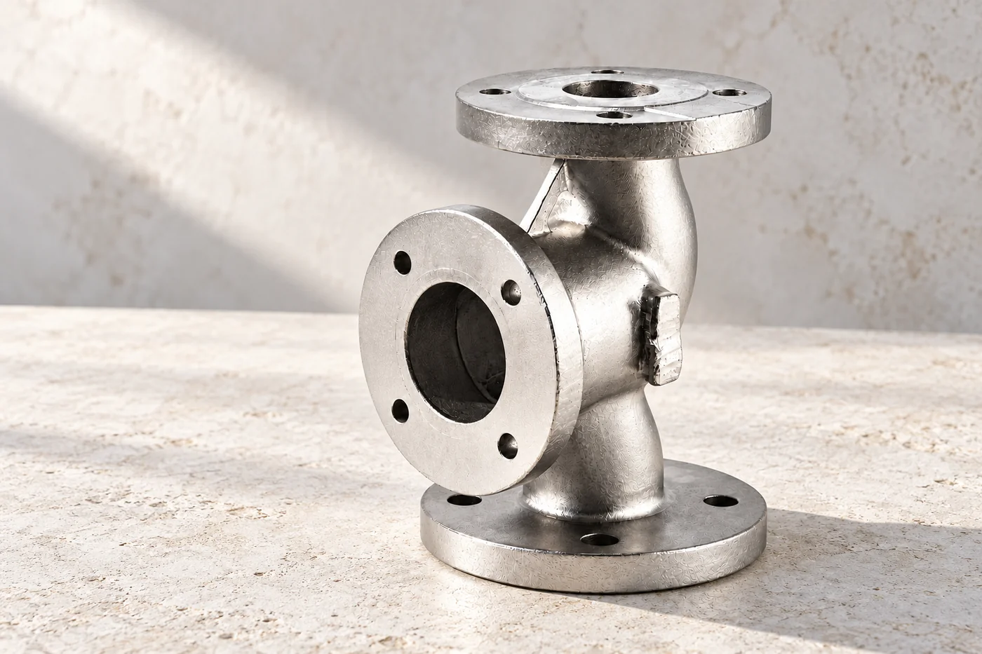 Three-flange cast valve body with machined connection faces