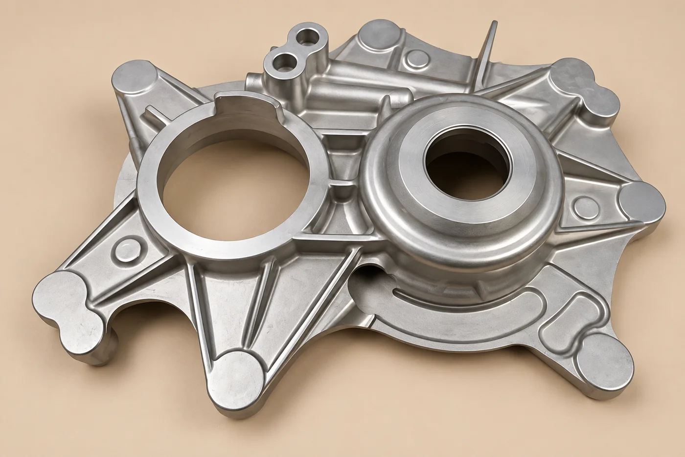 Cast housing-cover reference with two circular openings and radial supporting ribs