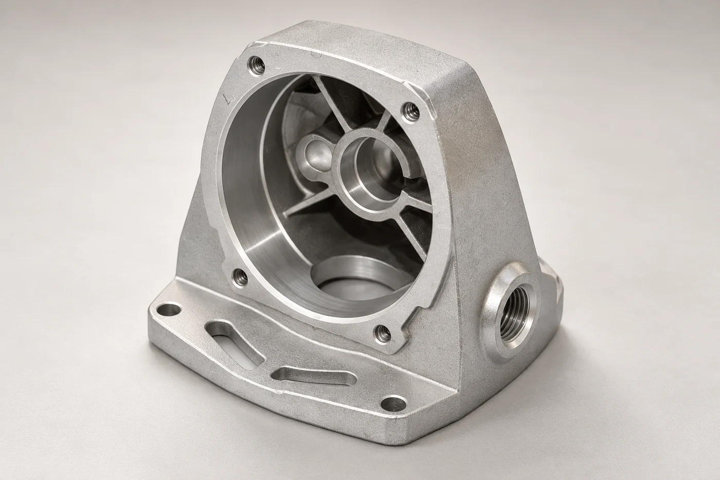Open flanged stainless housing with internal ribs and a circular bore