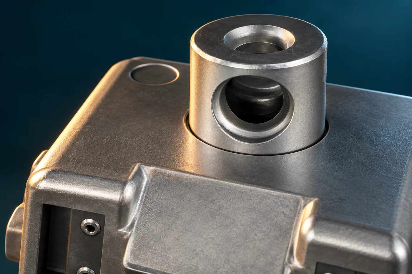 Close view of a hydraulic-body port and adjacent flat surface