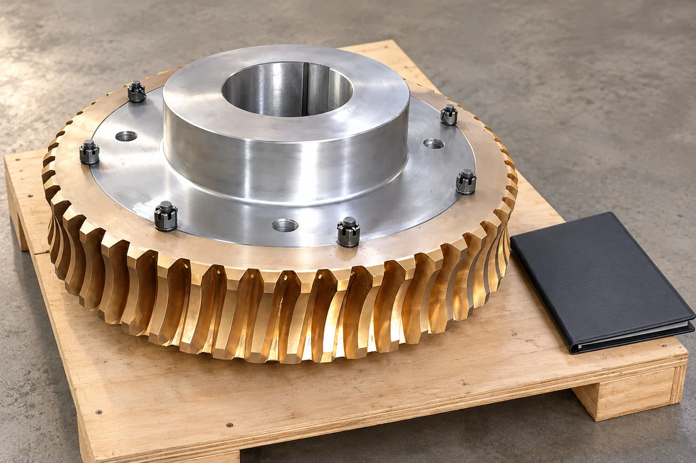 Gear-wheel reference on a plain protective support beside a closed folder