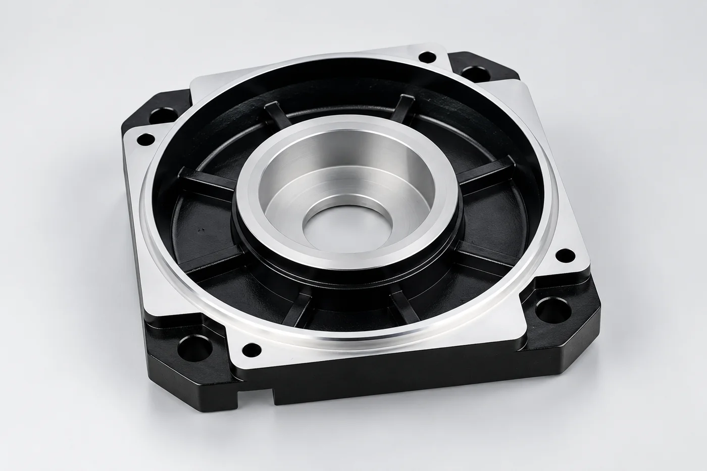 Black square aluminum end-cover reference with a silver circular register
