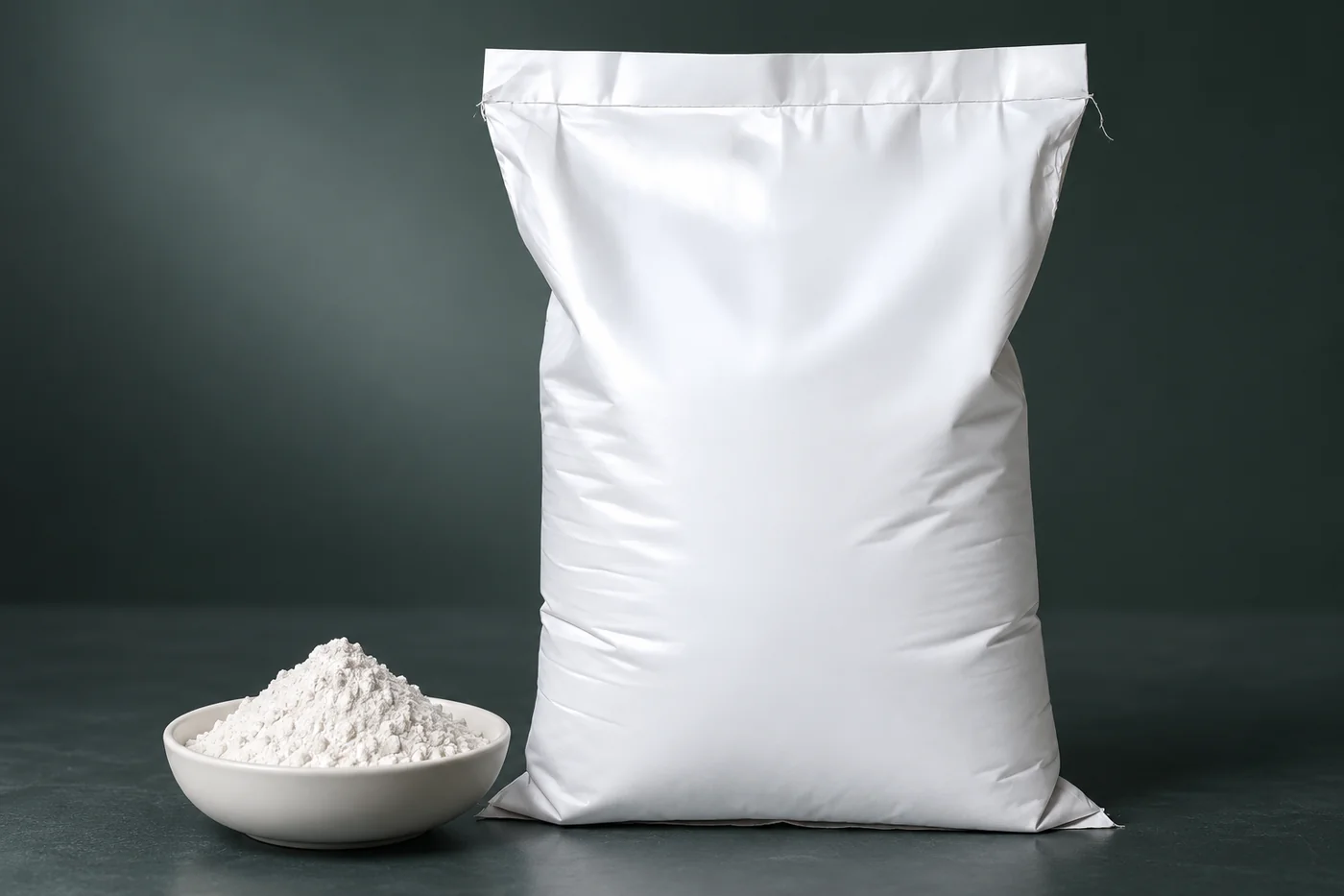 Plain white investment-powder bag and unmarked sample dish