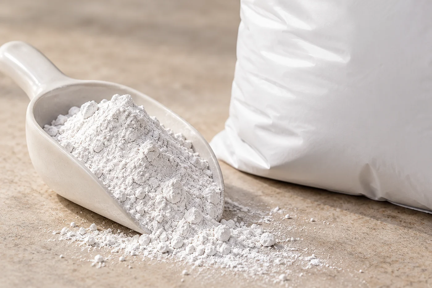 Fine white investment powder in a plain scoop beside an unlabelled bag