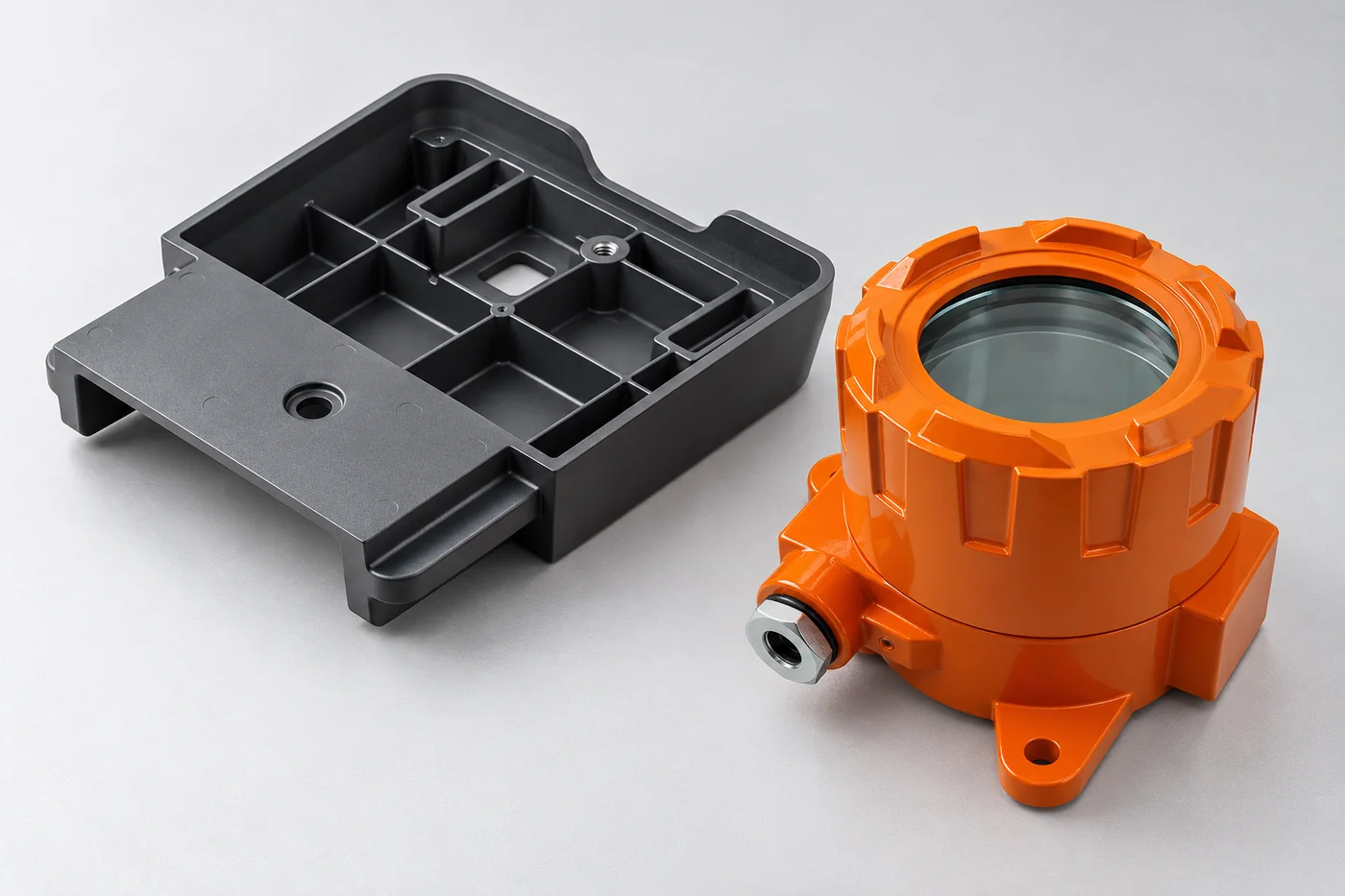 Dark enclosure tray and orange instrument enclosure presented as housing references