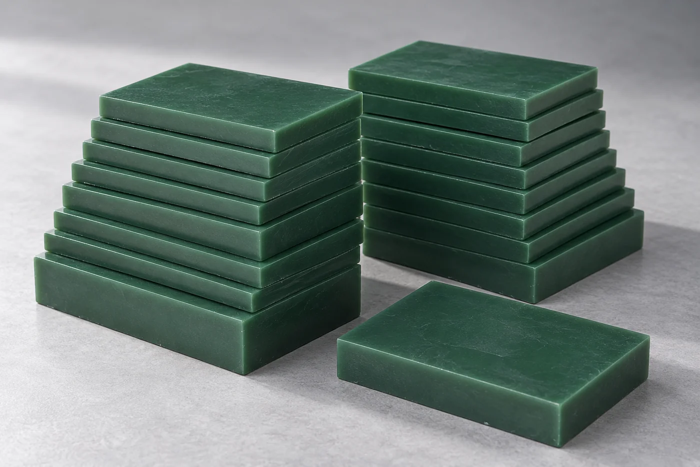 Green casting-wax blocks on a neutral studio surface