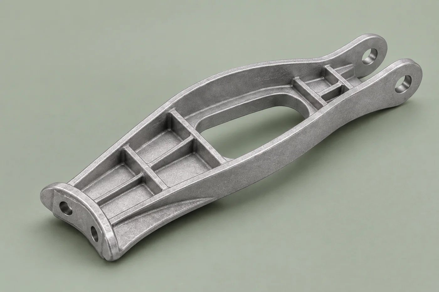 Ribbed aluminum automotive-component reference on a neutral surface