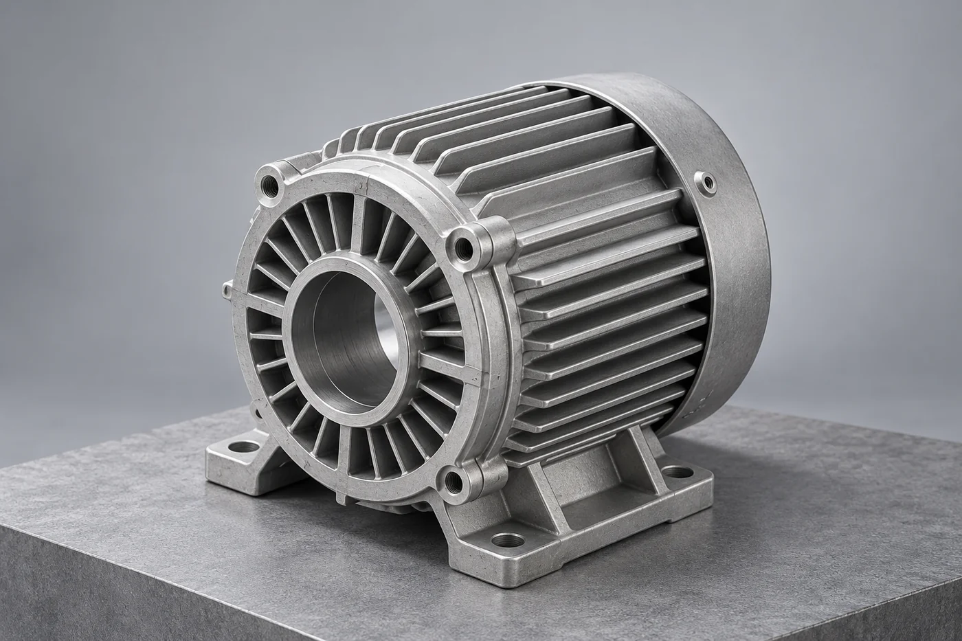 Finned cylindrical motor-frame reference with an open circular bore