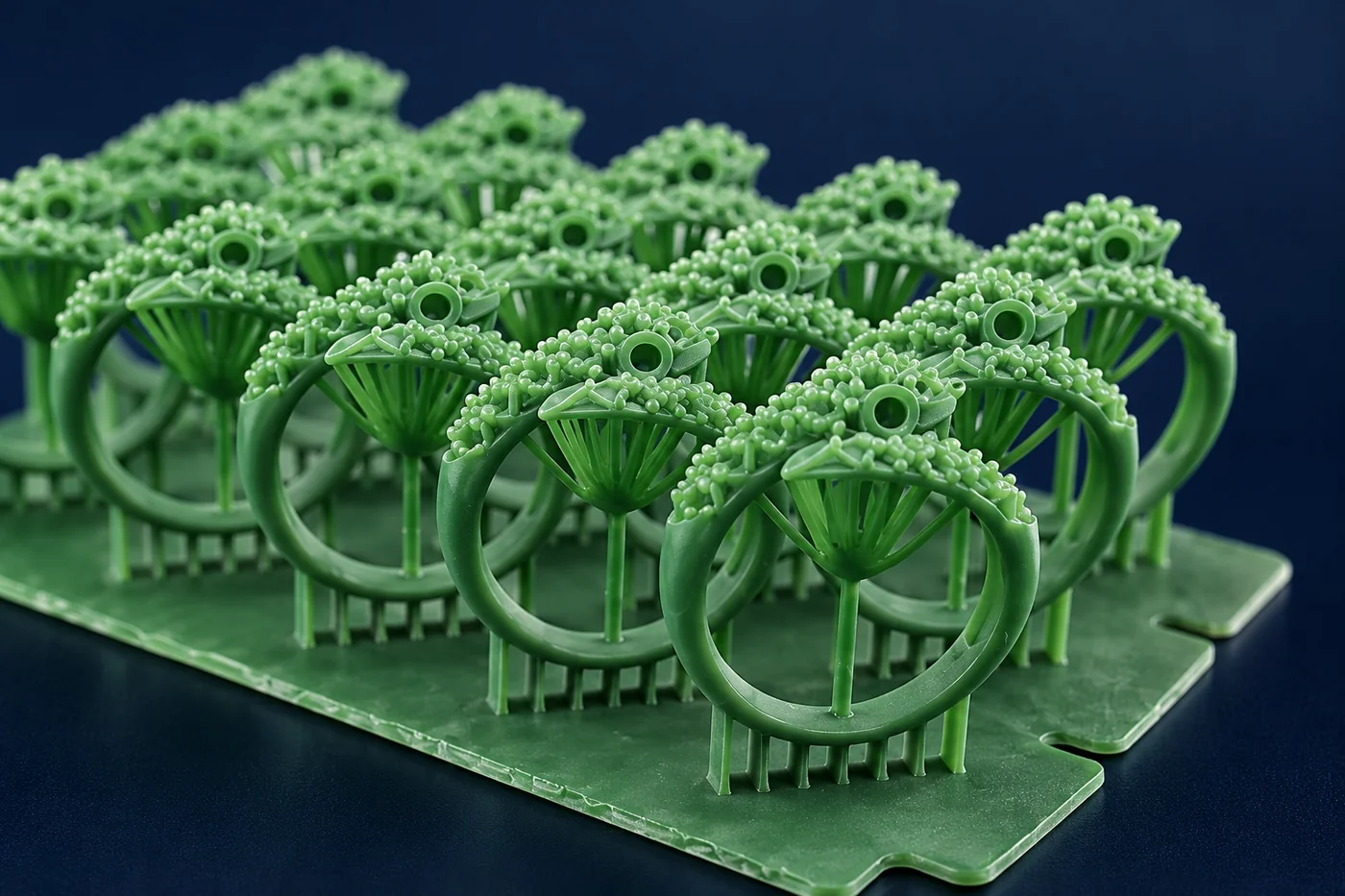 Close view of a green printed jewelry pattern and support detail