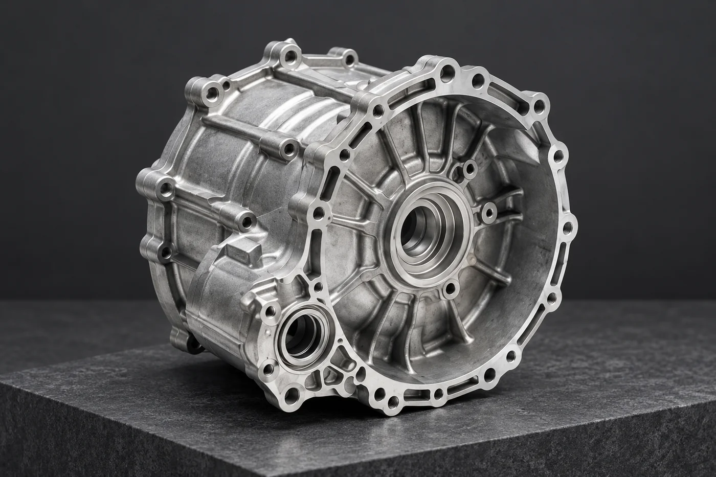 Ribbed bare-metal housing reference with circular openings and mounting features