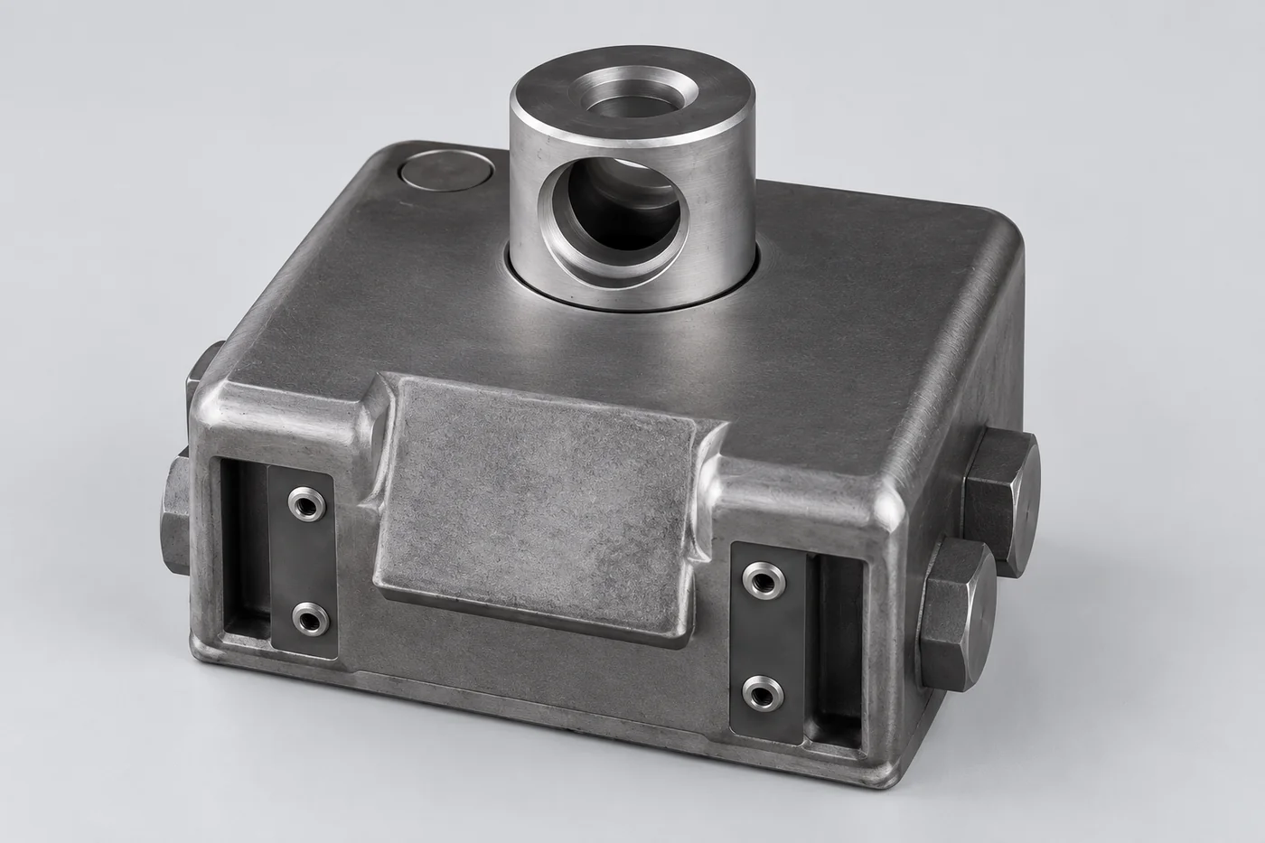 Dark hydraulic-body reference with top circular ports and side mounting features