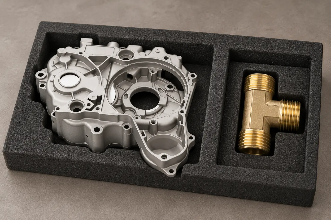 Housing and brass fitting separated in protective sample-tray compartments