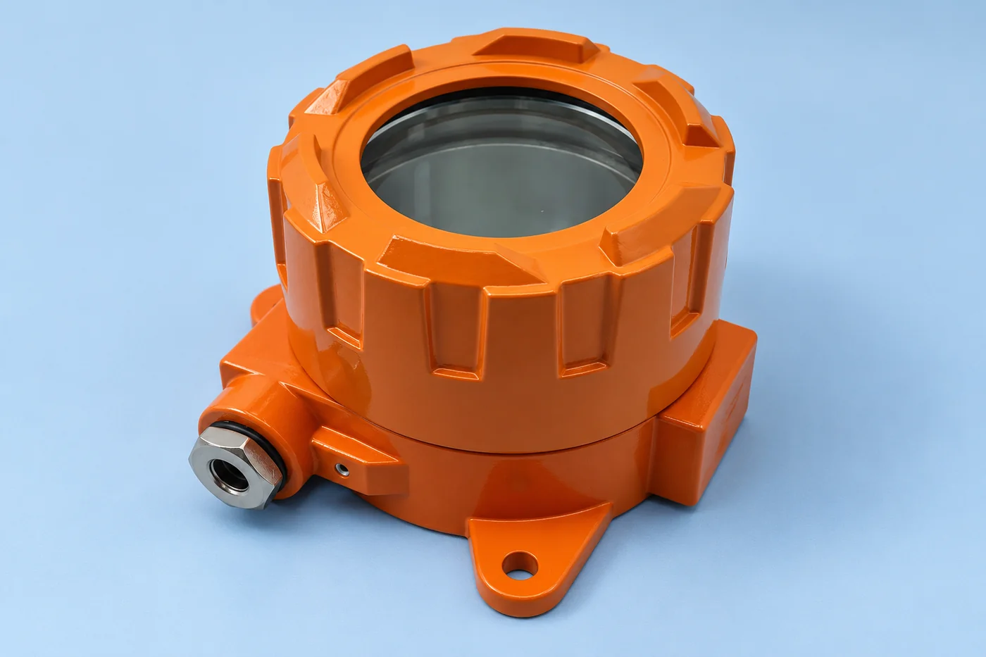 Orange windowed instrument enclosure with external mounting ears