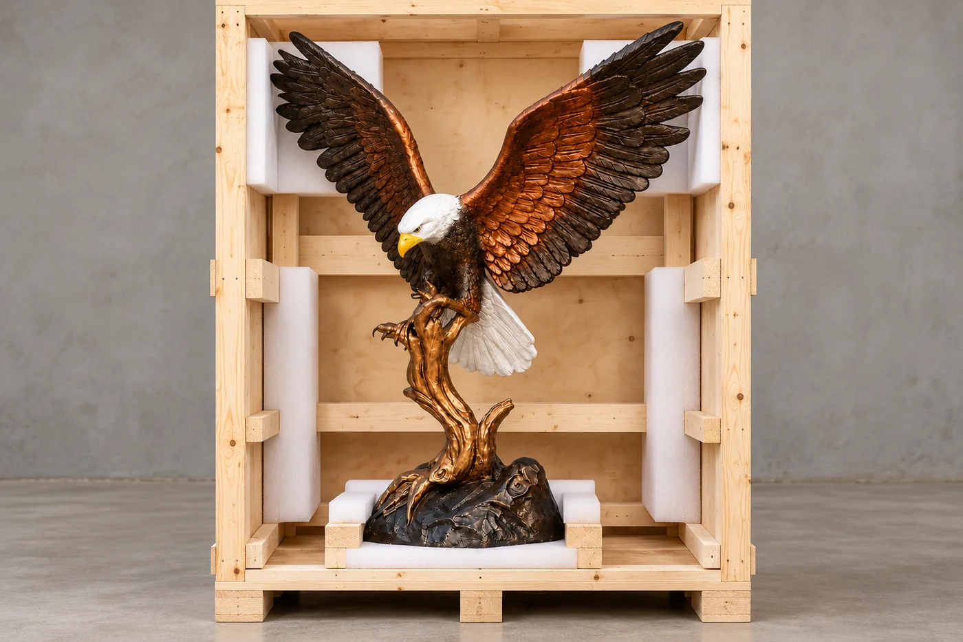 Bronze eagle sculpture supported inside plain protective timber packing