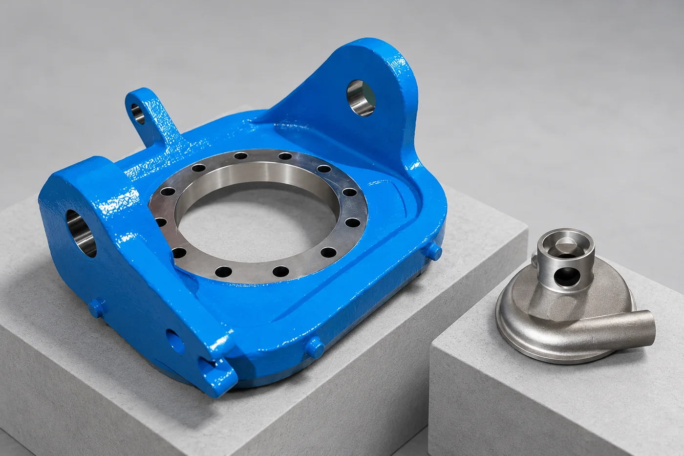 Blue mounting frame and stainless mounting component presented separately
