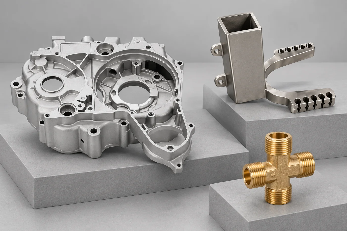 Aluminum housing, stainless bracket and brass fitting arranged as distinct component references