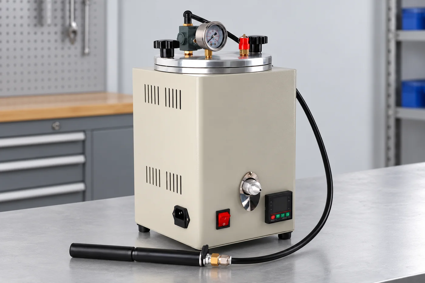 Compact silver wax-injector reference with gauge and nozzle