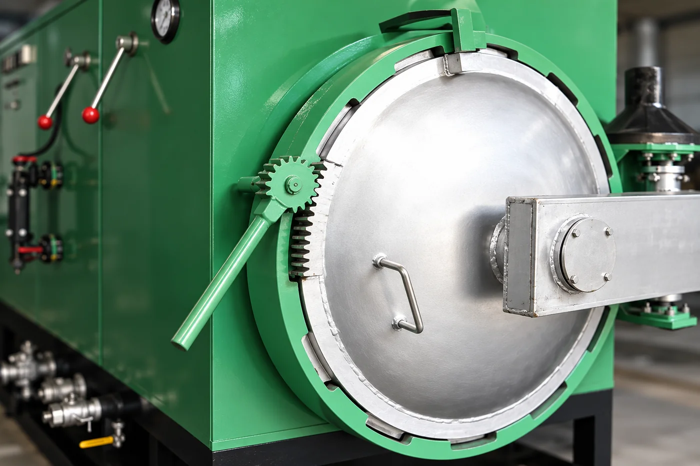 Close view of the actual green vessel lid and clamping arrangement
