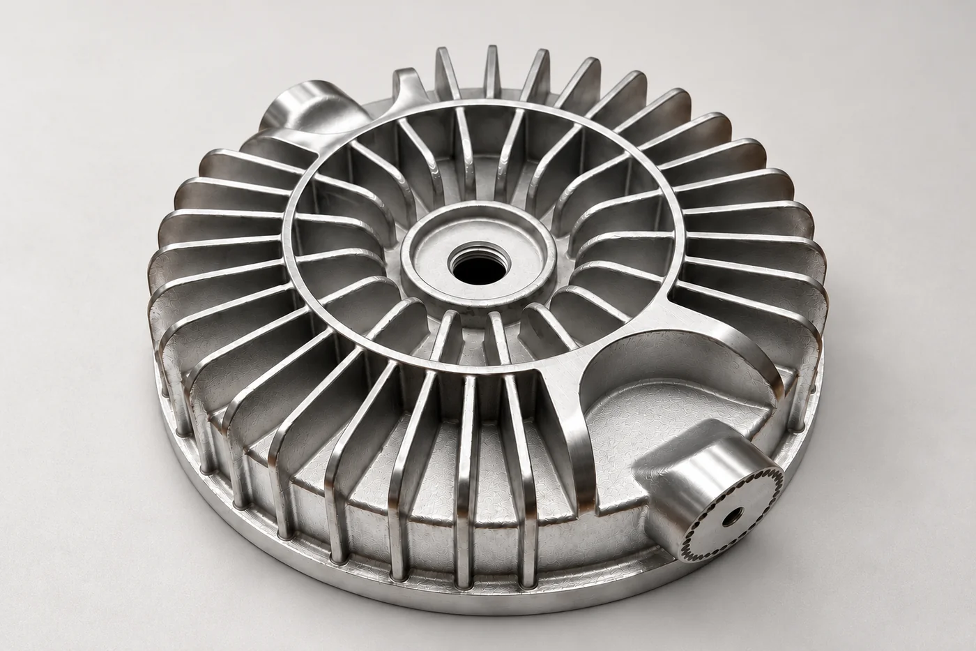 Circular finned metal base reference with a central opening and side feature