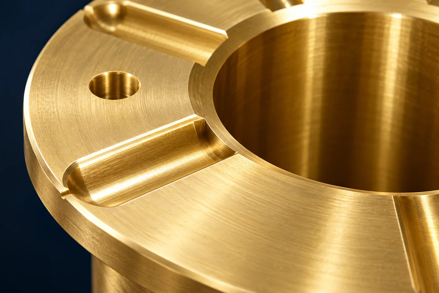 Close detail of a copper-alloy bushing bore and flange face