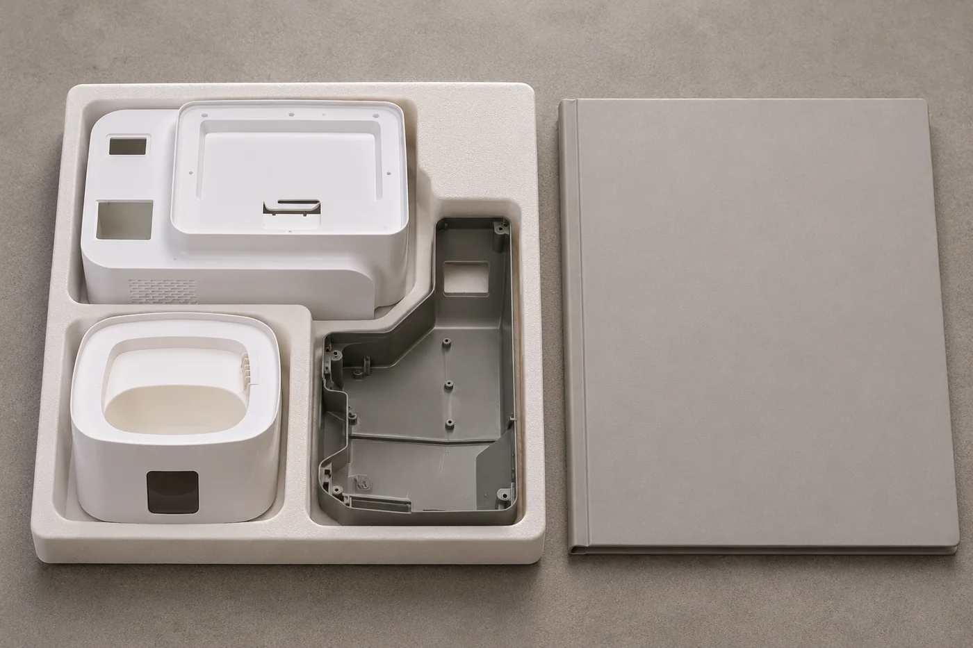 Plastic enclosure prototypes separated in an unprinted sample tray