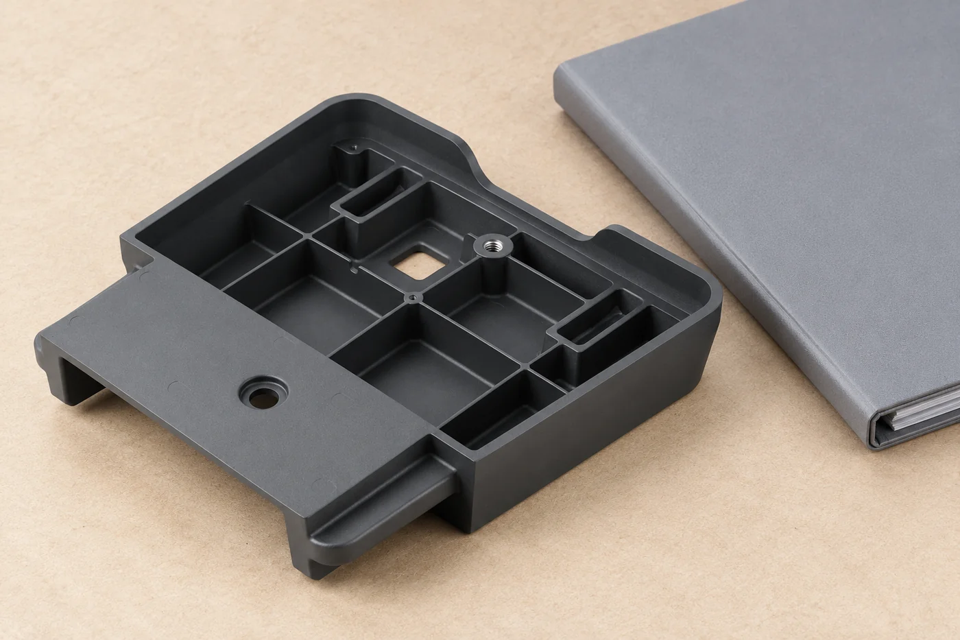 Dark enclosure tray beside a plain closed technical folder