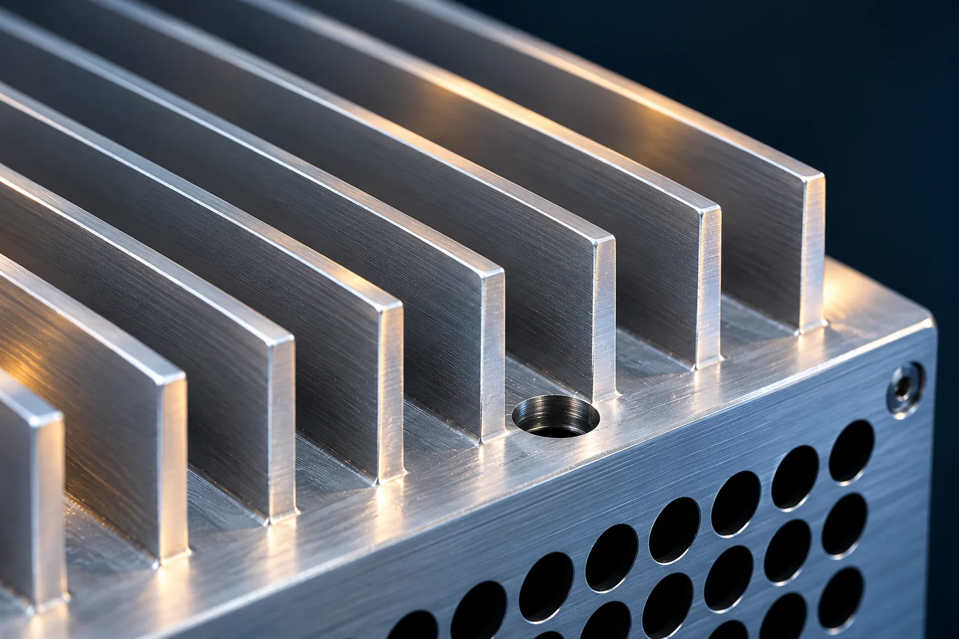 Close detail of straight metal fins joining a heat-sink base