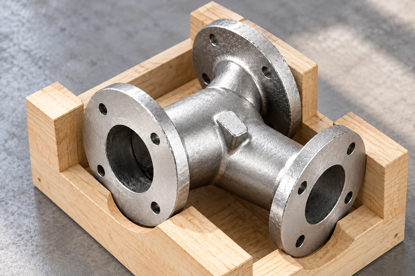 Cast valve body resting in plain protective supports