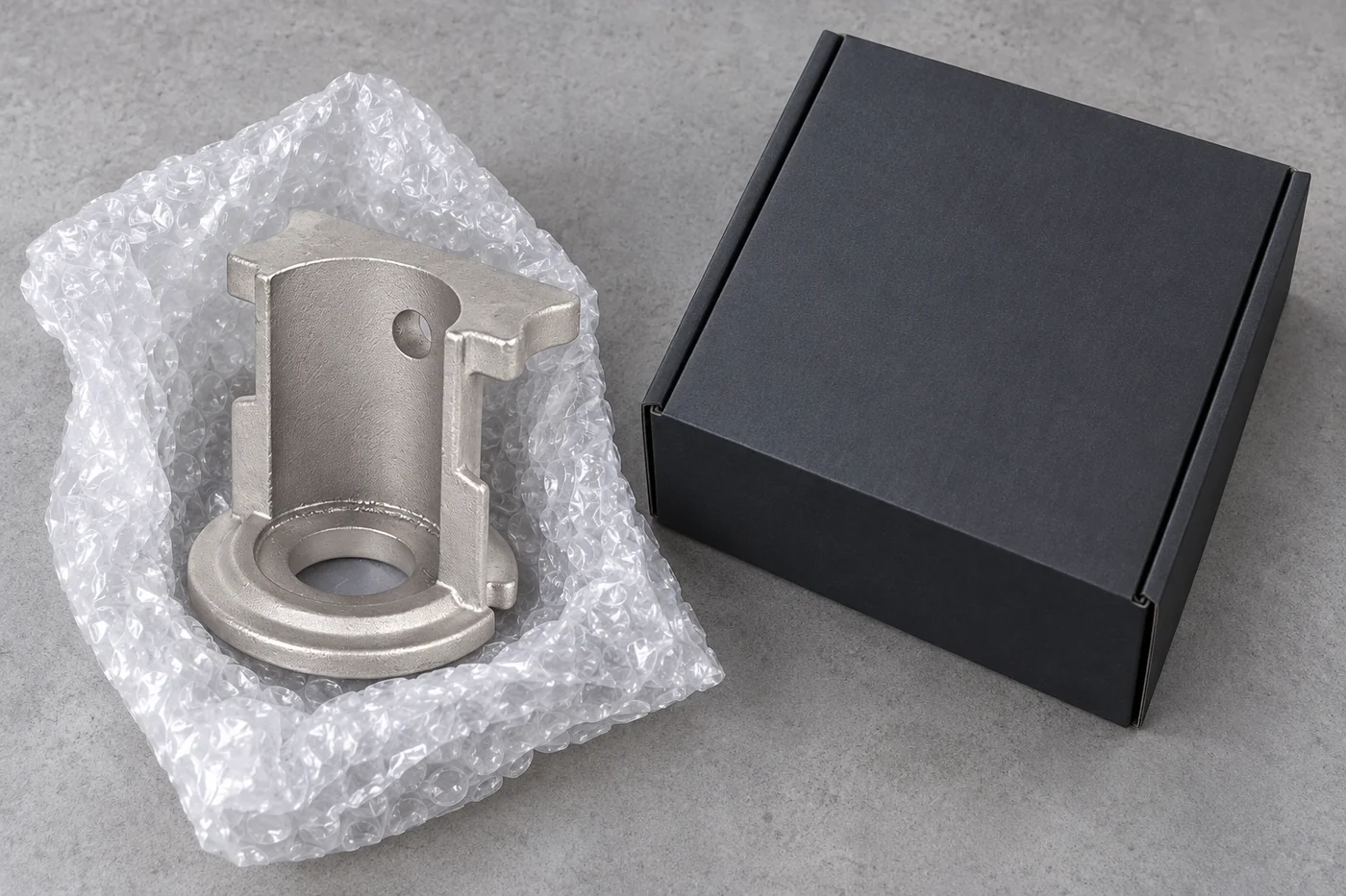 Stainless accessory reference protected beside a plain closed folder