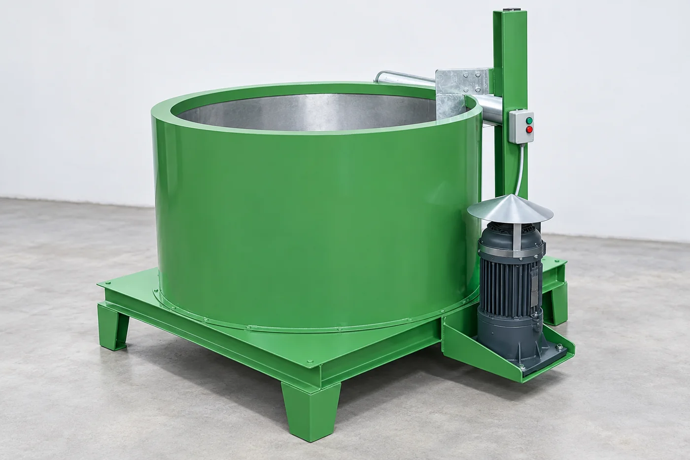 Complete green mixing-equipment reference on a neutral studio floor