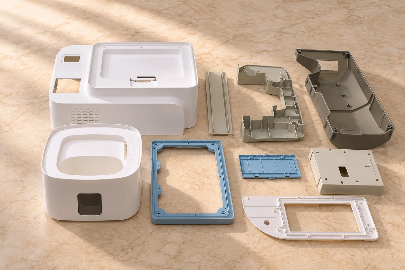 White plastic electronics-enclosure reference parts on a neutral surface