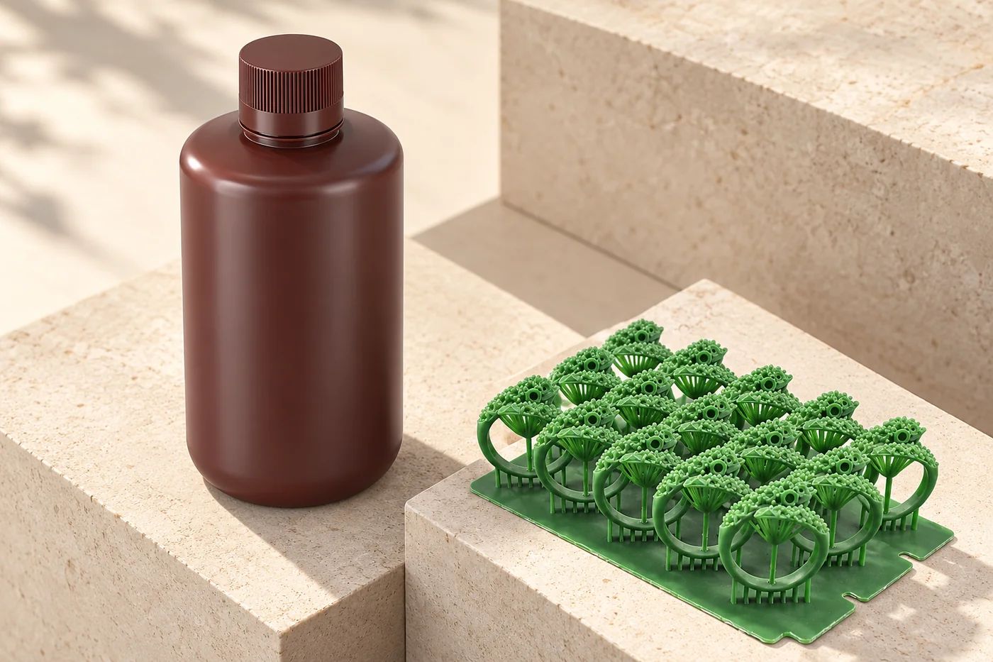 Unlabelled resin bottle and separate green pattern samples on neutral plinths