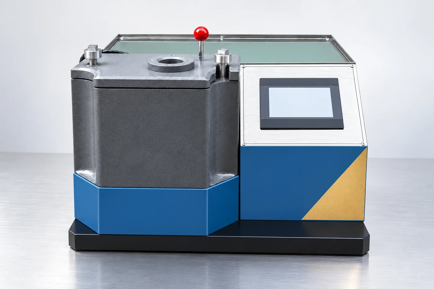 Compact blue-and-grey jewelry vacuum-pressure machine with its chamber and controls