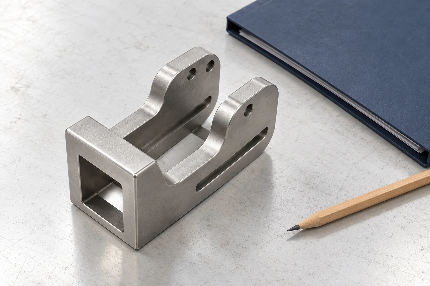 Clevis-style cast bracket beside a closed drawing folder and pencil