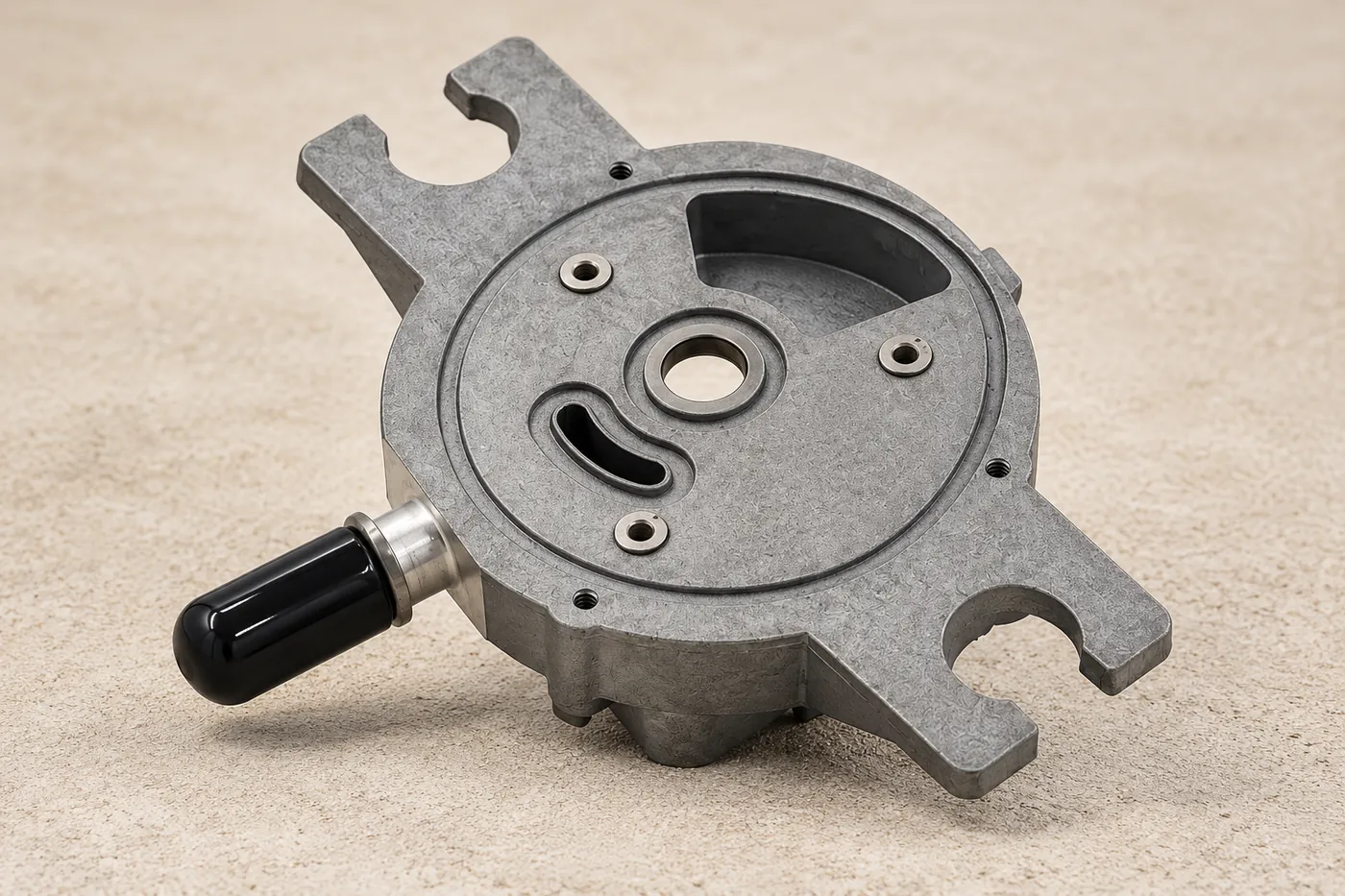 Round cast housing form with visible cover, mounting tabs and side port