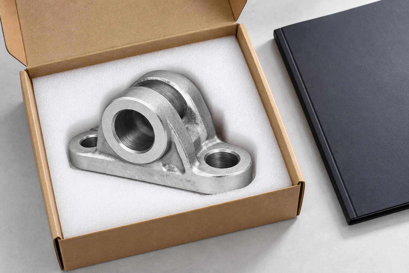 Unpainted cast support component prepared in plain protective packing